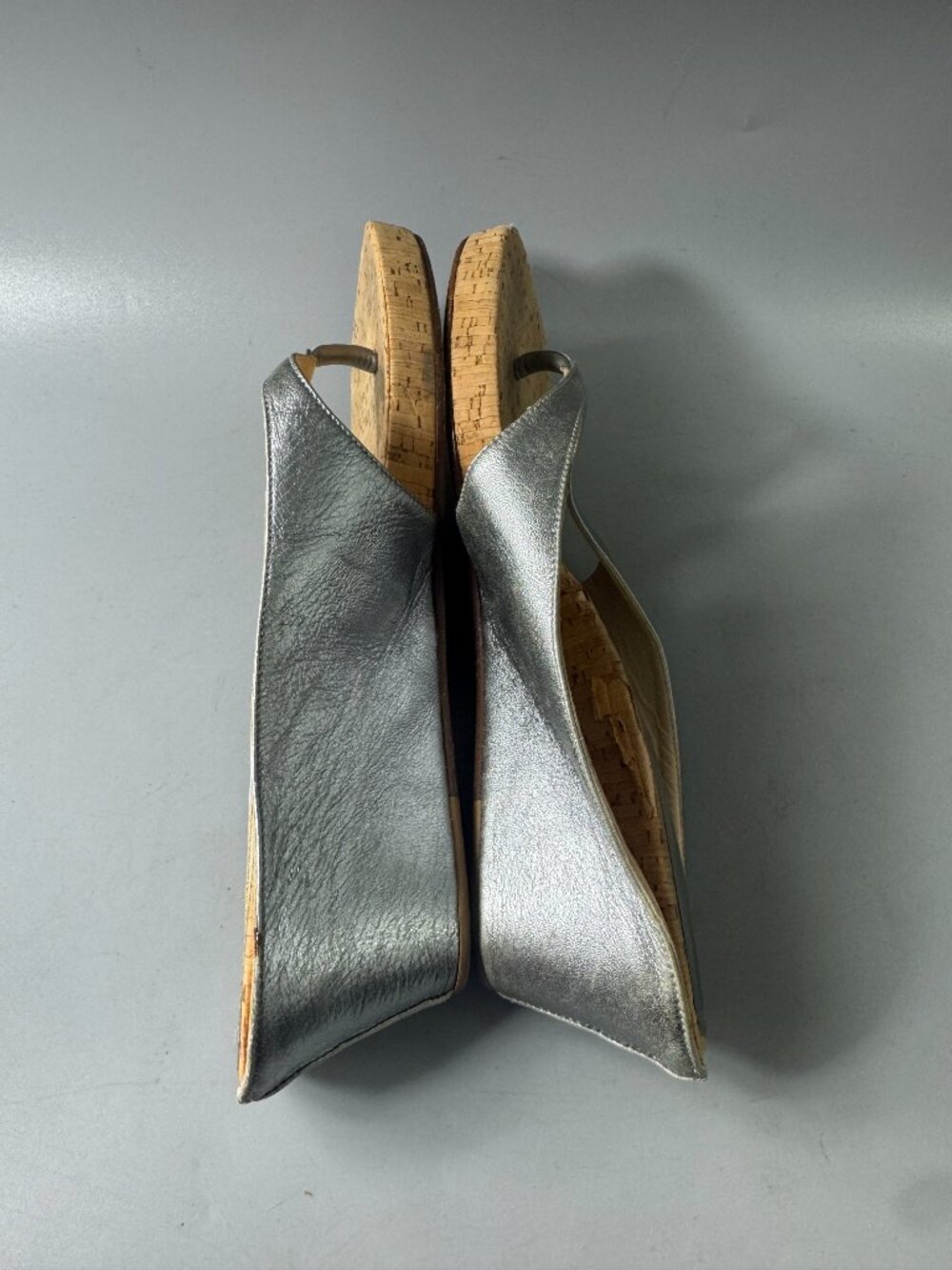 Authentic Christian Louboutin Silver Metallic Leather Cork Wedges, Size 41 - Picture 9 of 14